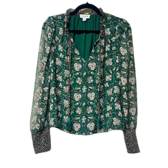 ALLISON NEW YORK Emerald Green Floral Print Tassel Tie Blouse, Sz S - Picture 2 of 12